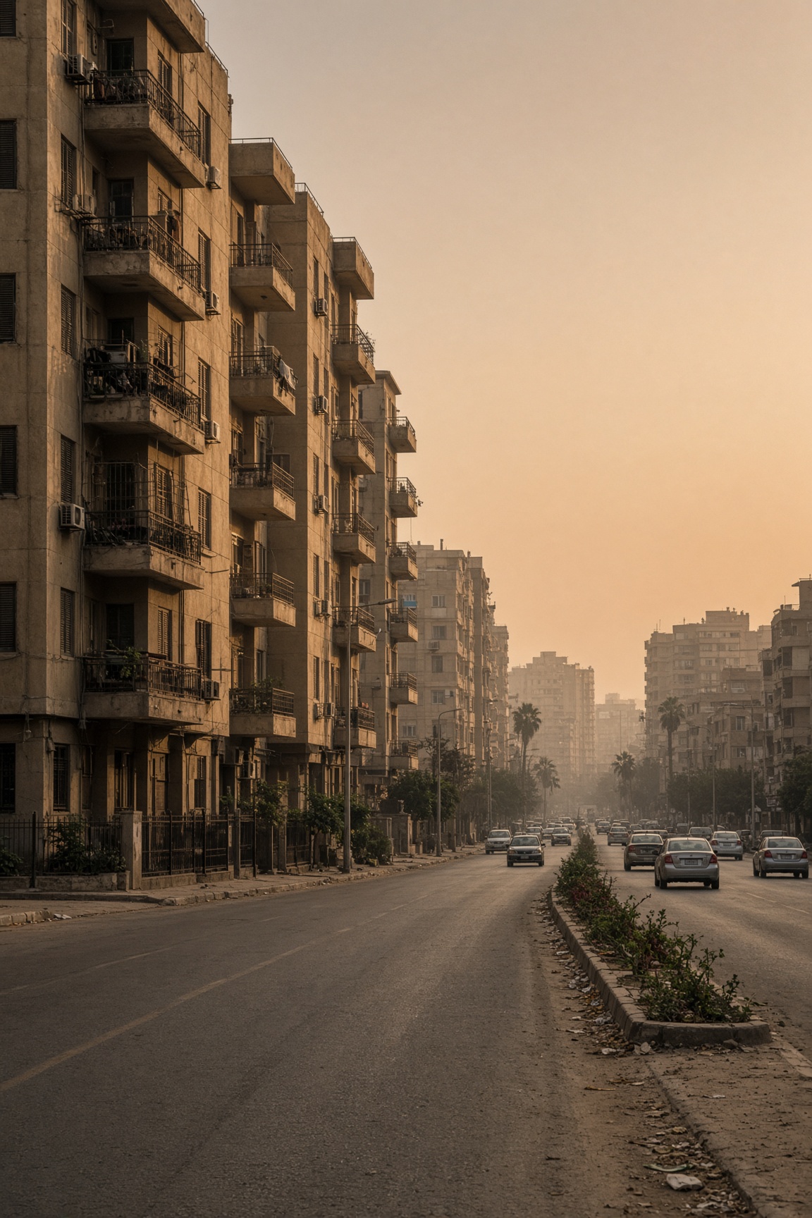 Beige Cairo apartment blocks with balconies along a wide street