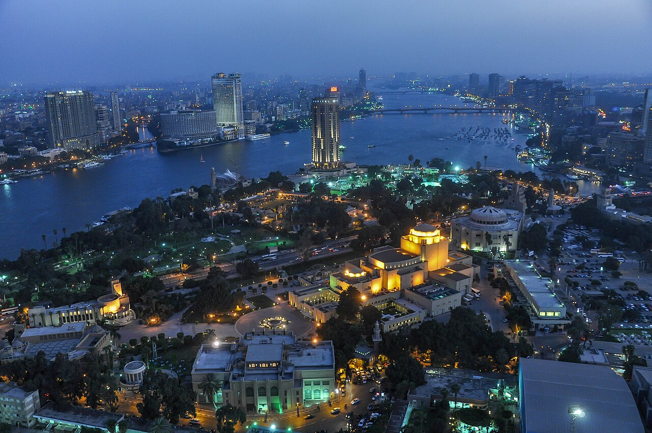 The Cairo Opera House and Al Hurriyah Park beside the Nile, with the city beyond