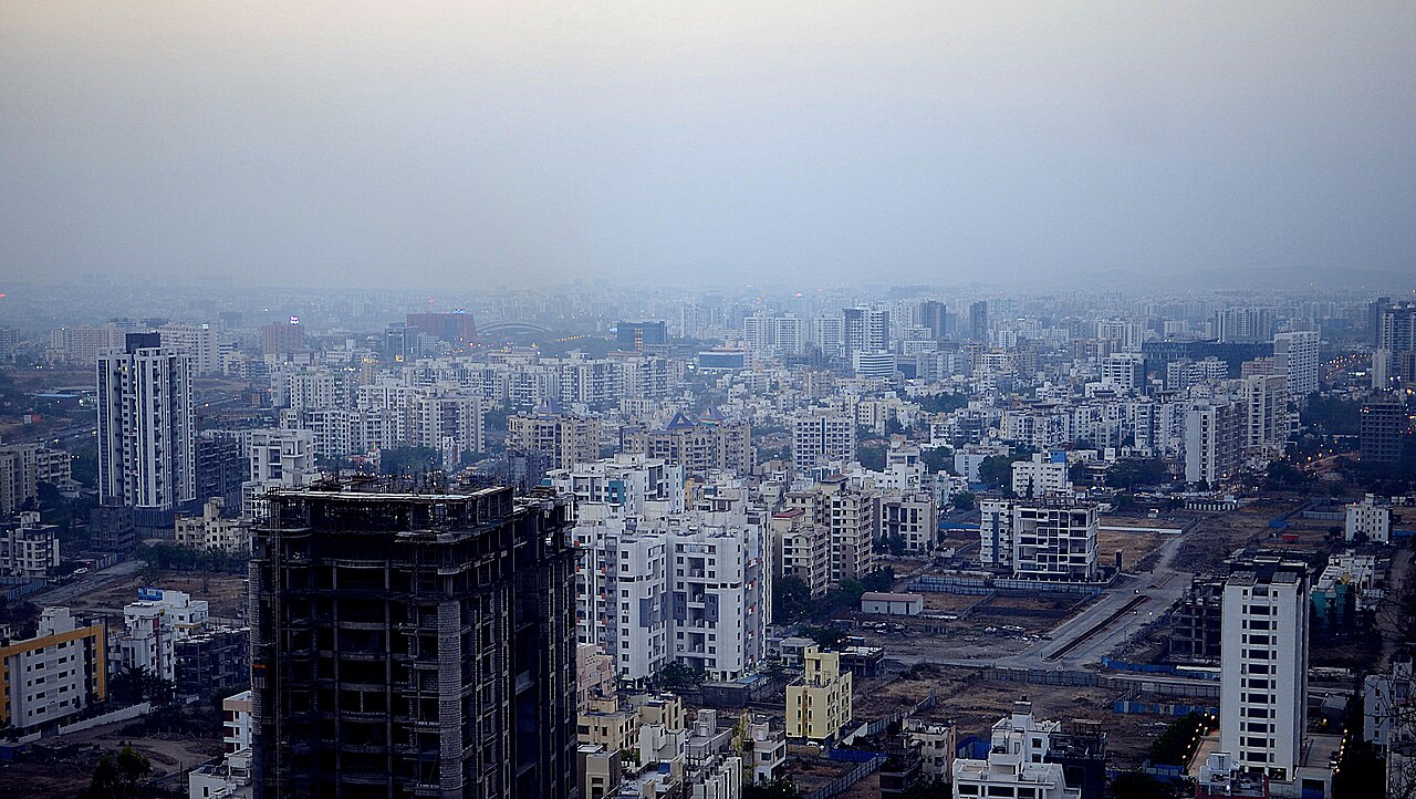 The western skyline of Pune, with residential and commercial towers on the ridge