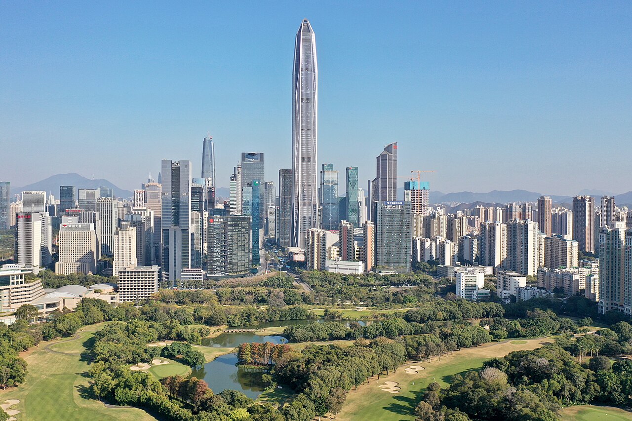 Commercial towers in Futian, Shenzhen, looking east across the district
