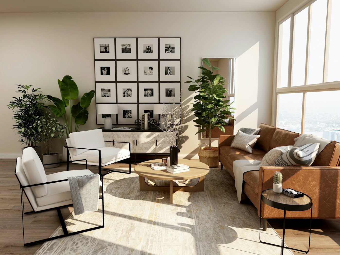 Calm living room with a long wood table and garden light