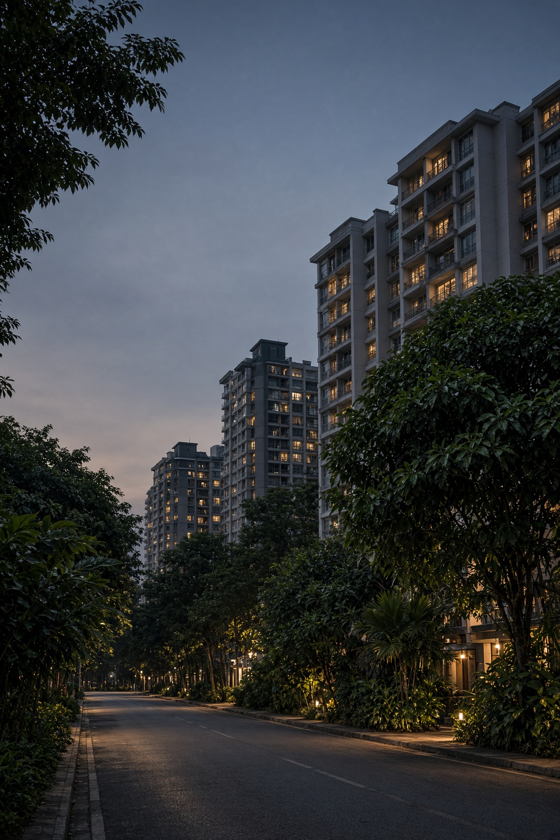 Condominium towers along a tree-lined Kuala Lumpur street at dusk